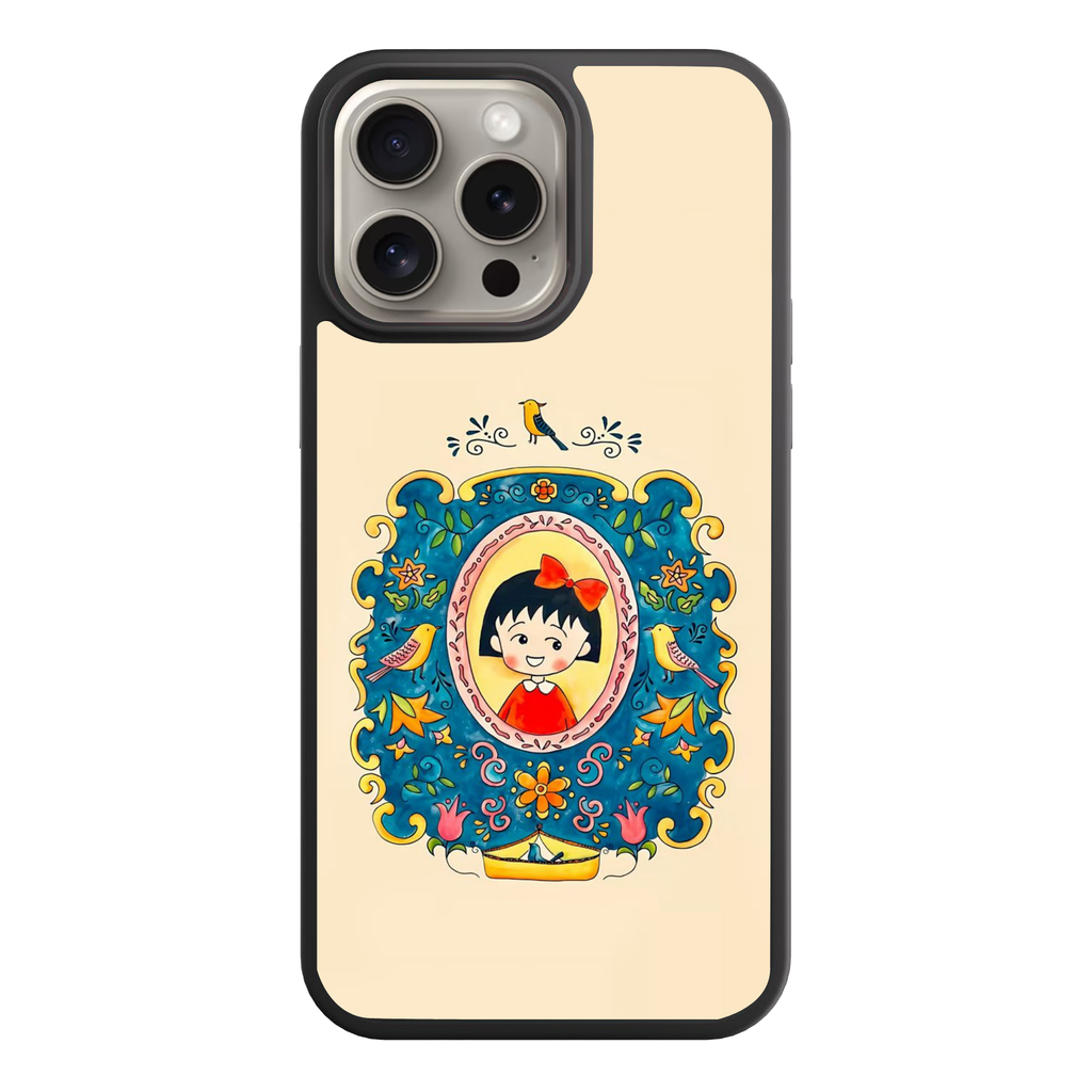 Chibi Maruko Chan Phone Case For iPhone Samsung Galaxy Pixel - Chibi Maruko Chan Folk Art Floral Emblem On Beige Background