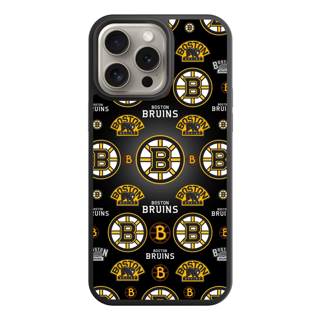 NHL Boston Bruins Phone Case For iPhone Samsung Galaxy Pixel - Boston Bruins Logos And Wordmark Pattern On Black Background