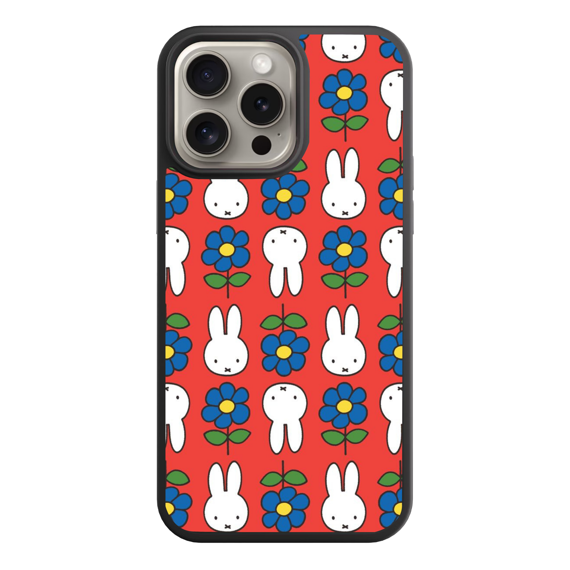 Miffy Phone Case For iPhone Samsung Galaxy Pixel - Miffy Faces And Blue Flowers Pattern In Orange Background