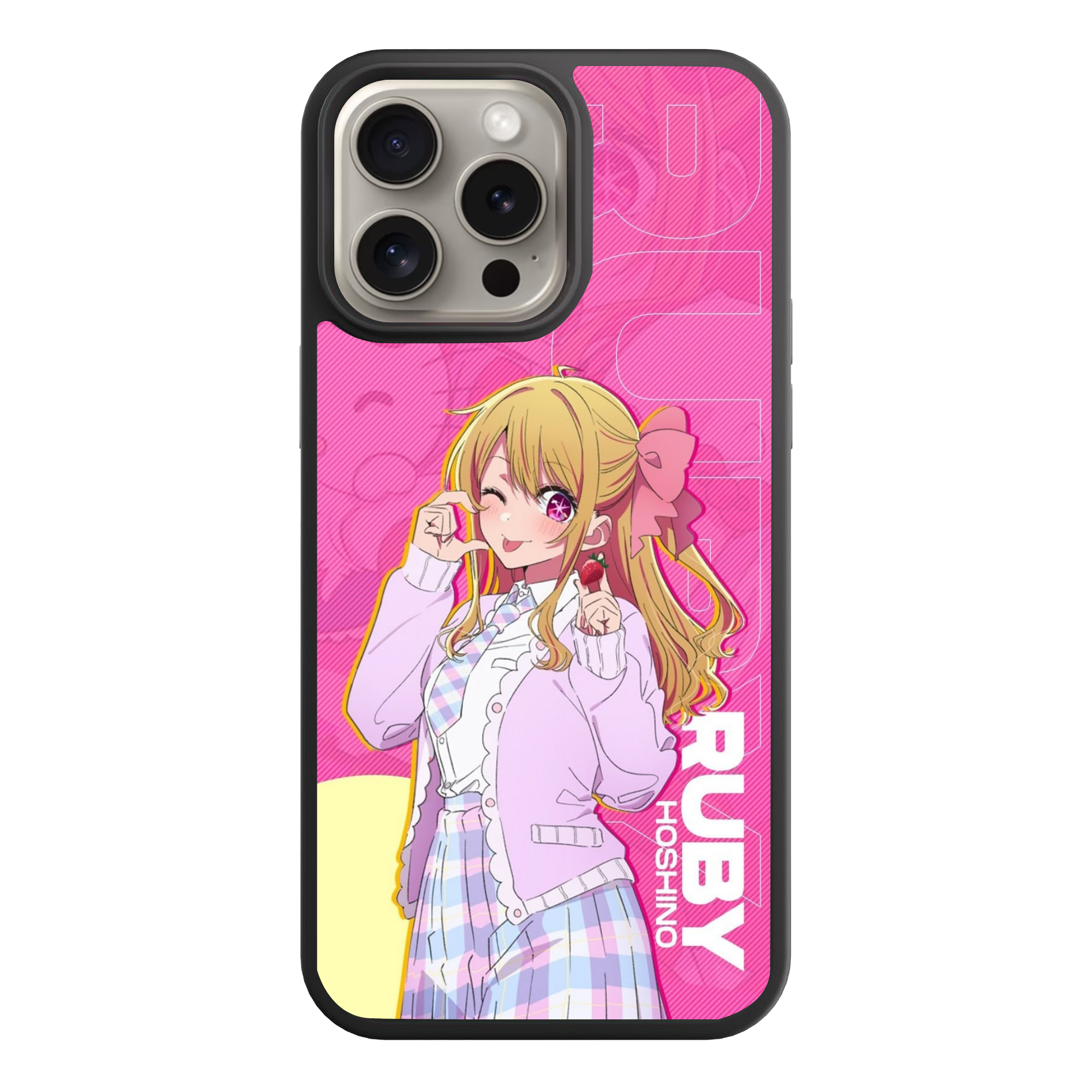 Oshi No Ko Ruby Hoshino Phone Case For iPhone Samsung Galaxy Pixel - Ruby Hoshino Holding Strawberry On Pink Graphic Background