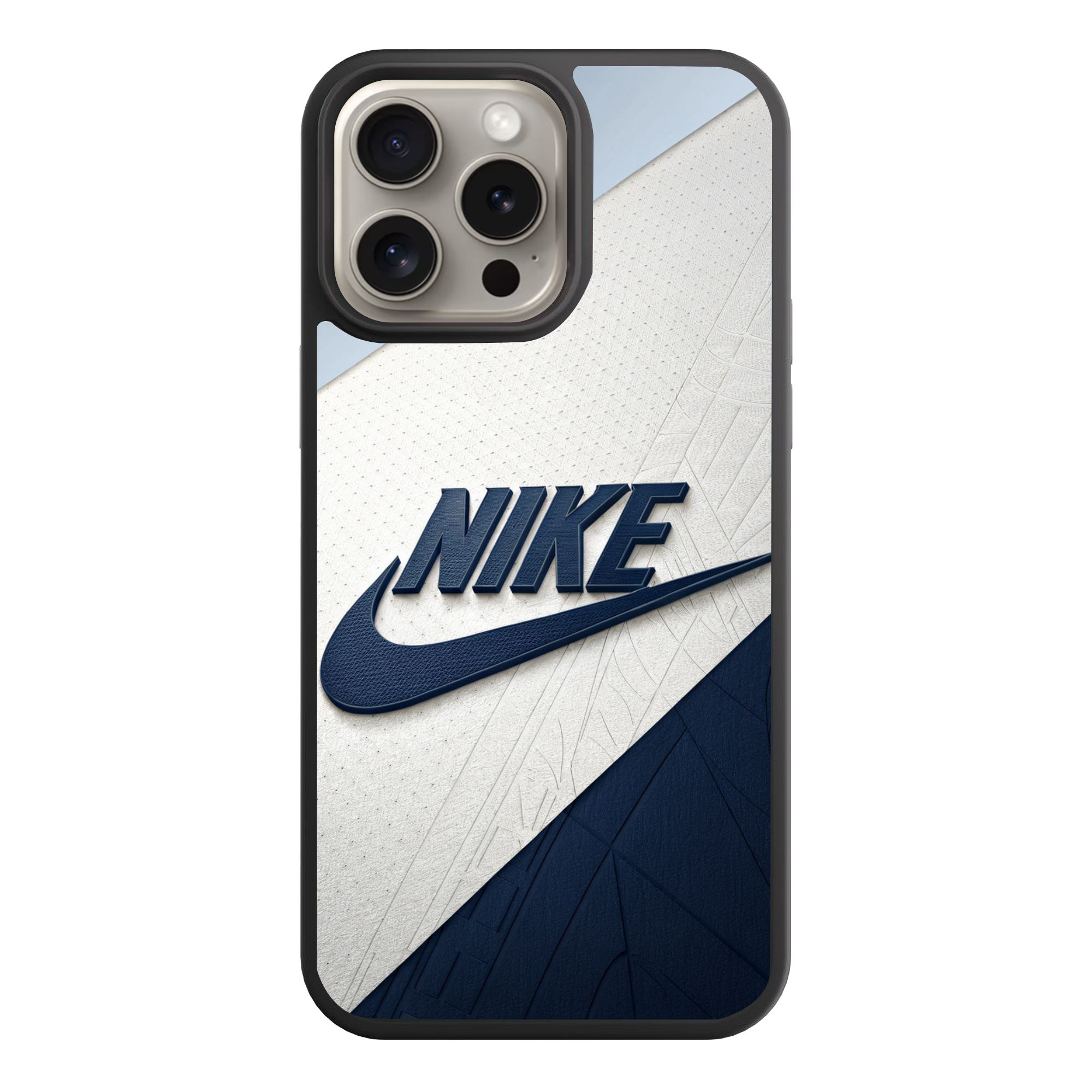 Nike Phone Case For iPhone Samsung Galaxy Pixel - Nike Logo On Textured Navy Blue And Gold Geometric Background