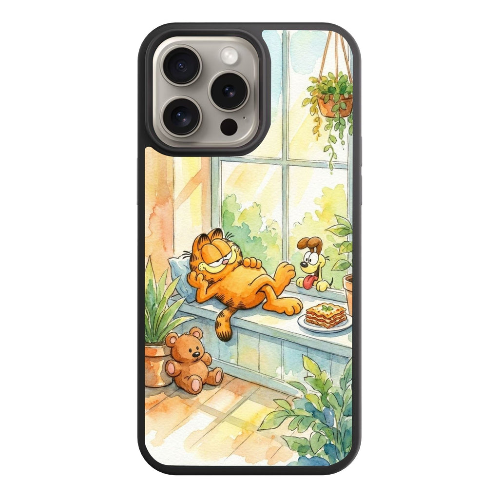 Garfield Phone Case For iPhone Samsung Galaxy Pixel - Garfield Relaxing On Windowsill With Odie Watercolor Poster