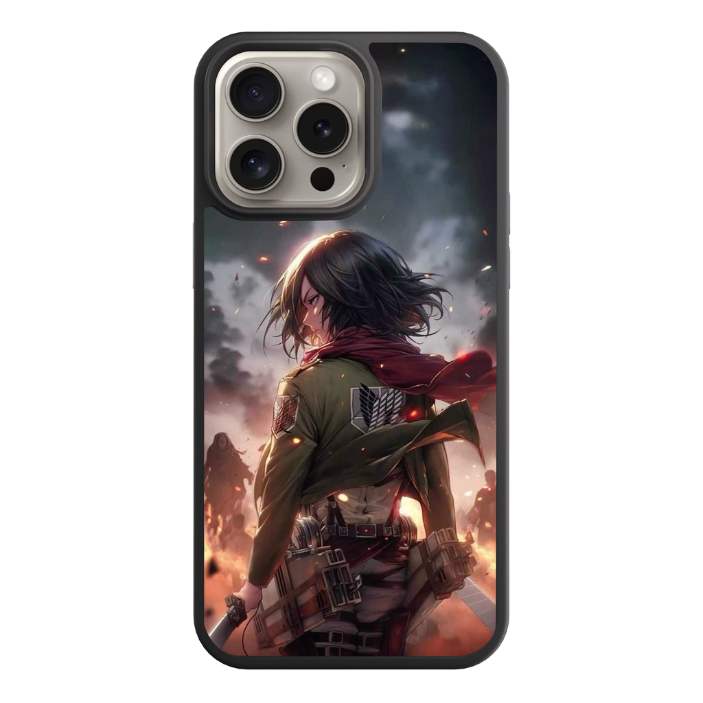 Attack on Titan Mikasa Phone Case For iPhone Samsung Galaxy Pixel - Mikasa Ackerman Looking Over Her Shoulder On A Dark Battlefield Background