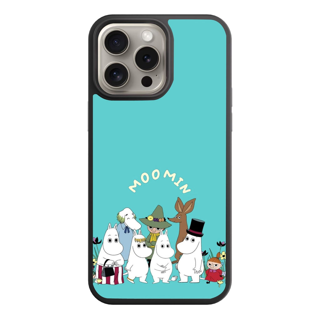 Moomins Phone Case For iPhone Samsung Galaxy Pixel - Moomin Characters In Flower Field Under Logo In Turquoise Background