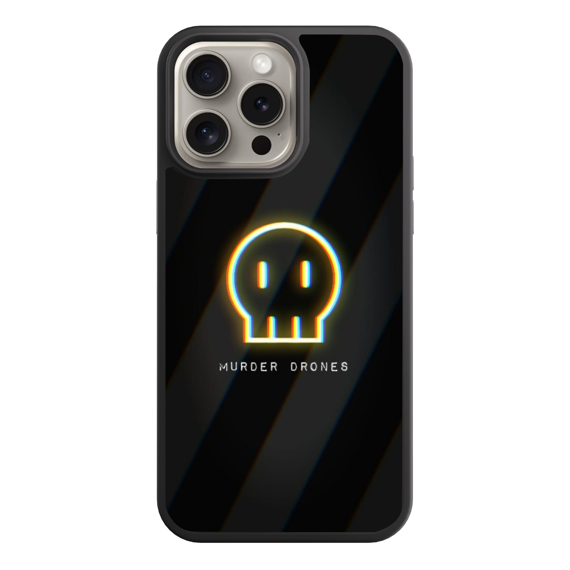 Murder Drones Phone Case For iPhone Samsung Galaxy Pixel - Glitch Logo On Black And Charcoal Diagonal Stripes Background