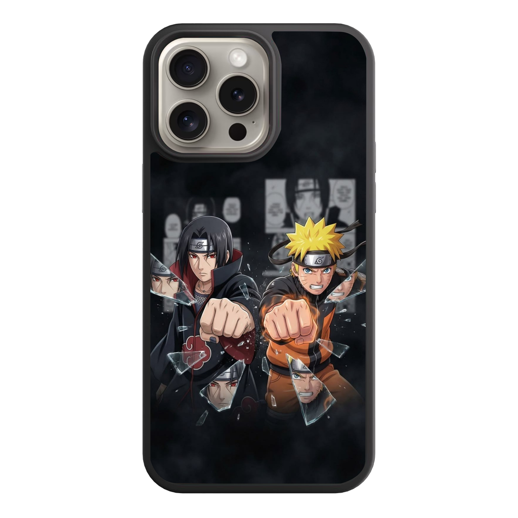 Naruto Phone Case For iPhone Samsung Galaxy Pixel - Itachi Uchiha And Naruto Uzumaki Punching Through Shattering Glass Over Manga Panels