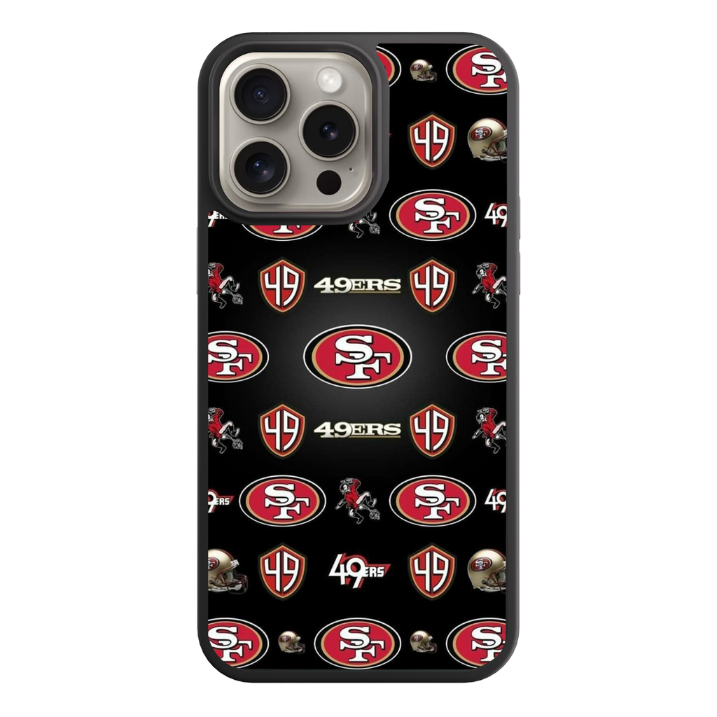 NFL San Francisco 49ers Phone Case For iPhone Samsung Galaxy Pixel - San Francisco 49ers Logos And Helmets Repeating Pattern On Black Background
