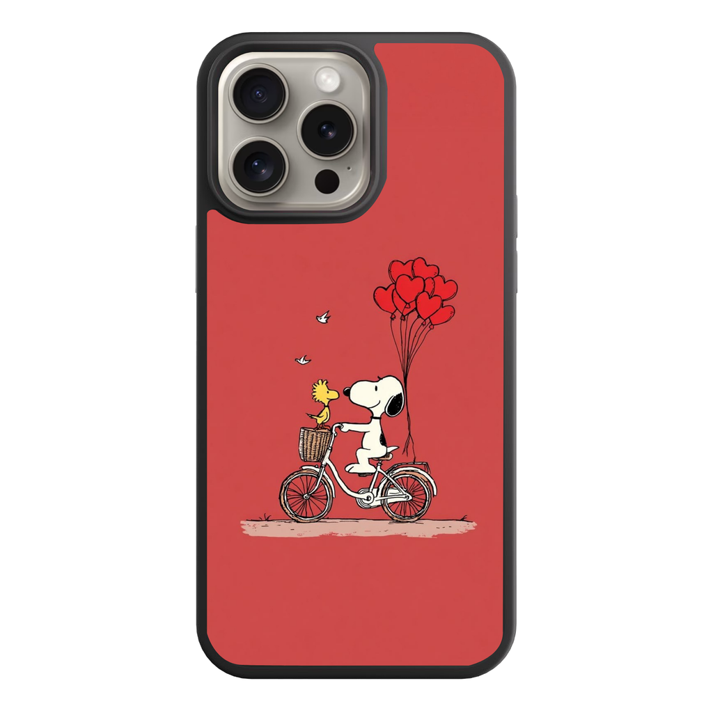 Peanuts Snoopy Phone Case For iPhone Samsung Galaxy Pixel - Peanuts Snoopy And Woodstock On A Bicycle With Heart Balloons On Red Background