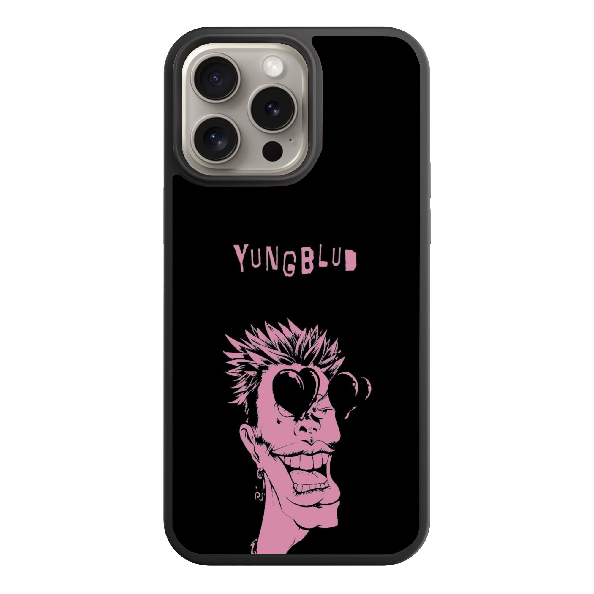 Yungblud Phone Case For iPhone Samsung Galaxy Pixel - Yungblud Pink Caricature Illustration Wearing Heart Sunglasses On Black Background