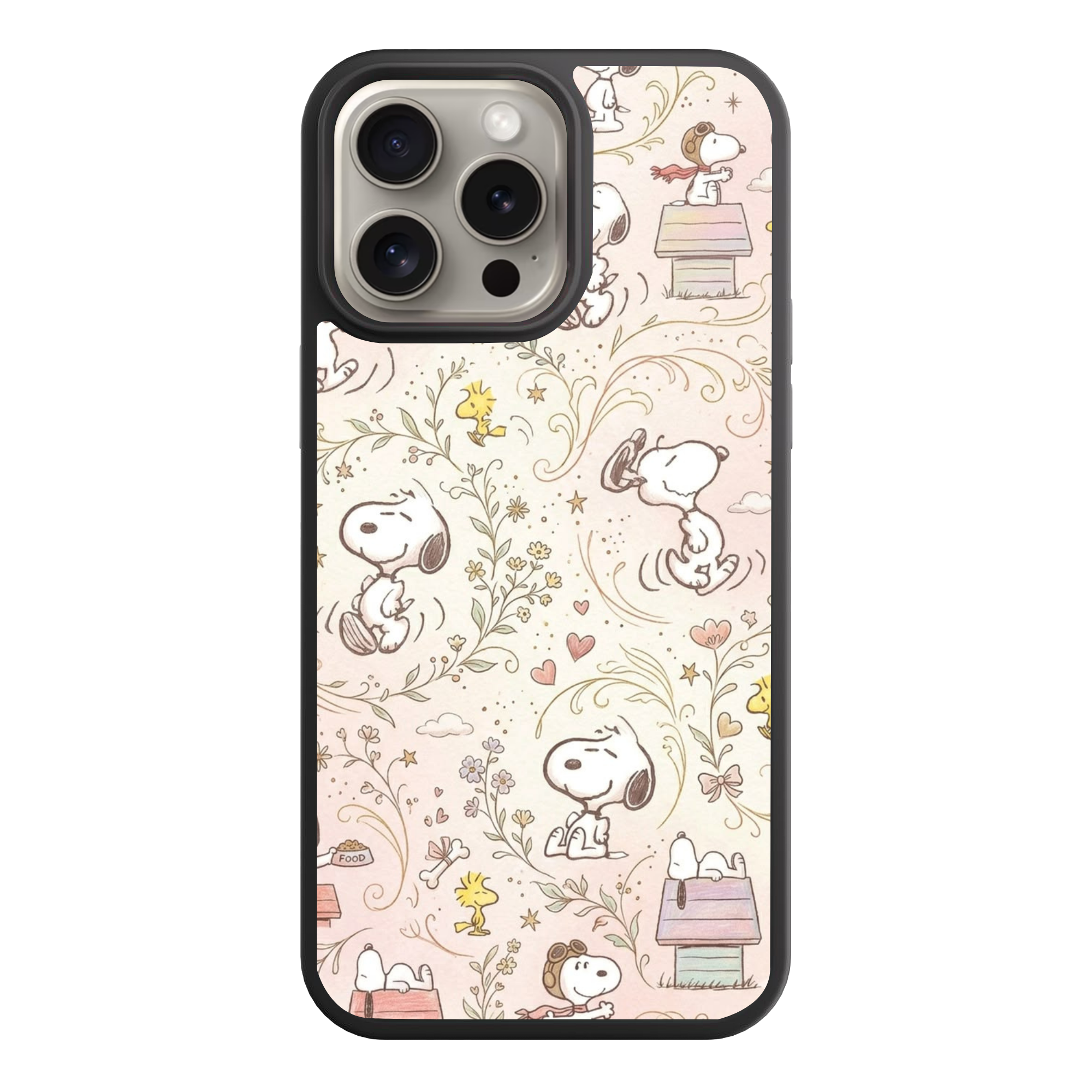 Peanuts Snoopy Phone Case For iPhone Samsung Galaxy Pixel - Peanuts Snoopy And Woodstock Pattern With Flowers And Doghouses On Light Pink Background