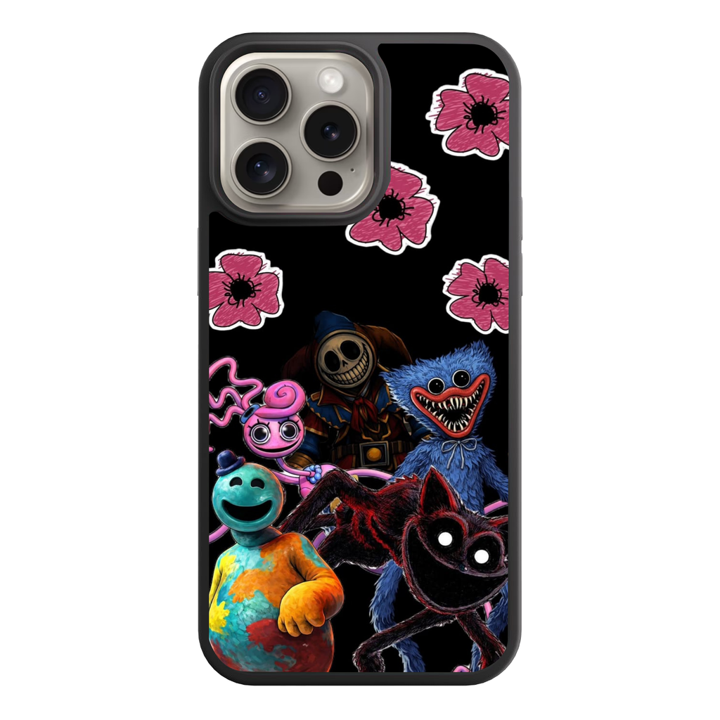 Poppy Playtime Phone Case For iPhone Samsung Galaxy Pixel - Poppy Playtime Main Antagonists And Pink Flowers On Black Background