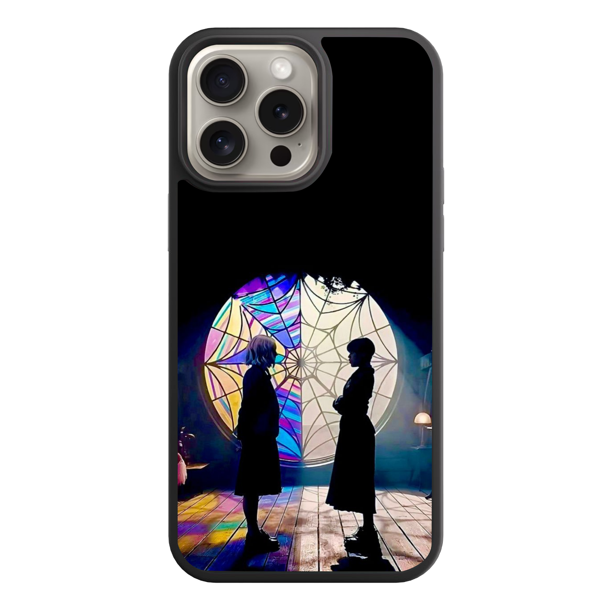 Wednesday Phone Case For iPhone Samsung Galaxy Pixel - Wednesday Addams And Enid Sinclair In Front Of Spiderweb Stained Glass Window Poster