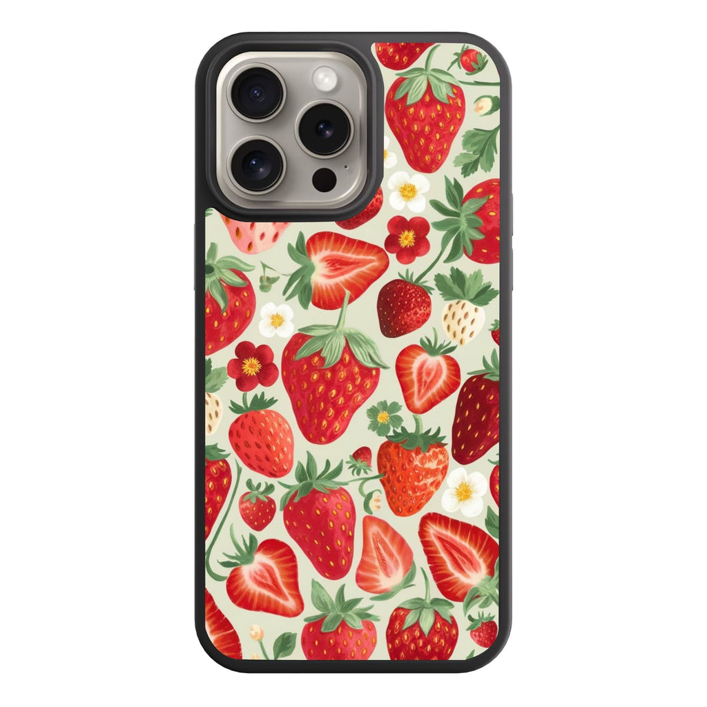 Strawberry Pattern Phone Case For iPhone Samsung Galaxy Pixel - Illustrated Strawberry And Flower Pattern On Cream Background