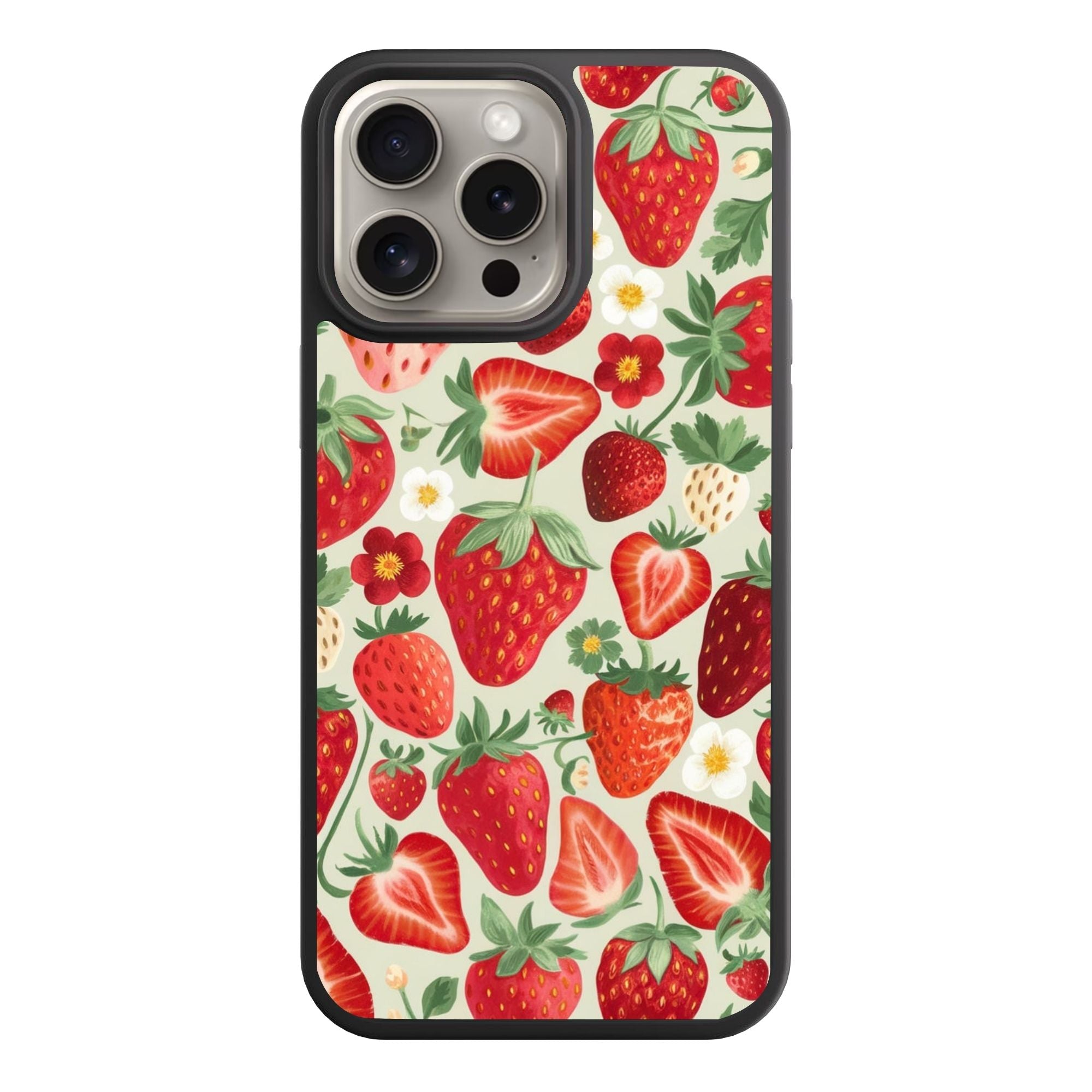 Strawberry Pattern Phone Case For iPhone Samsung Galaxy Pixel - Illustrated Strawberry And Flower Pattern On Cream Background