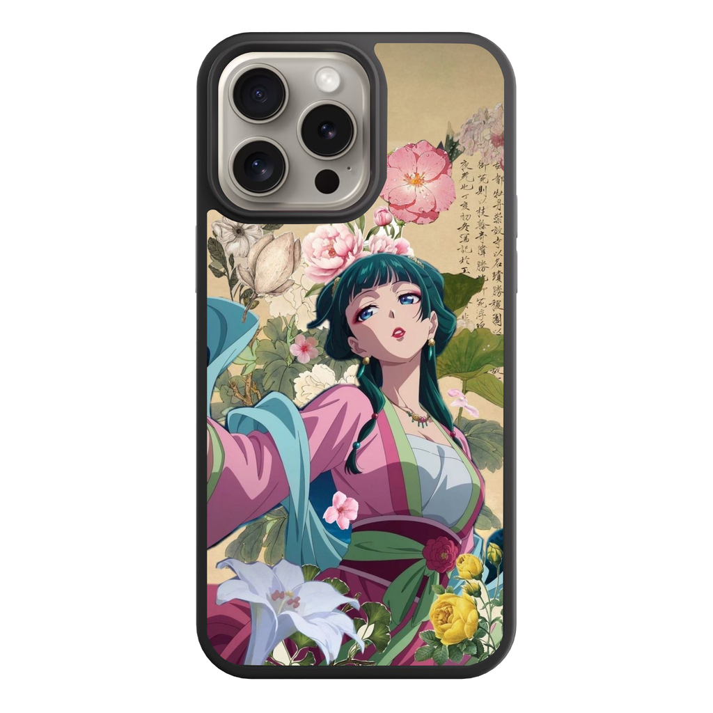 The Apothecary Diaries Maomao Phone Case For iPhone Samsung Galaxy Pixel - Maomao In A Pink Dress Surrounded By Peonies On A Parchment Paper Background