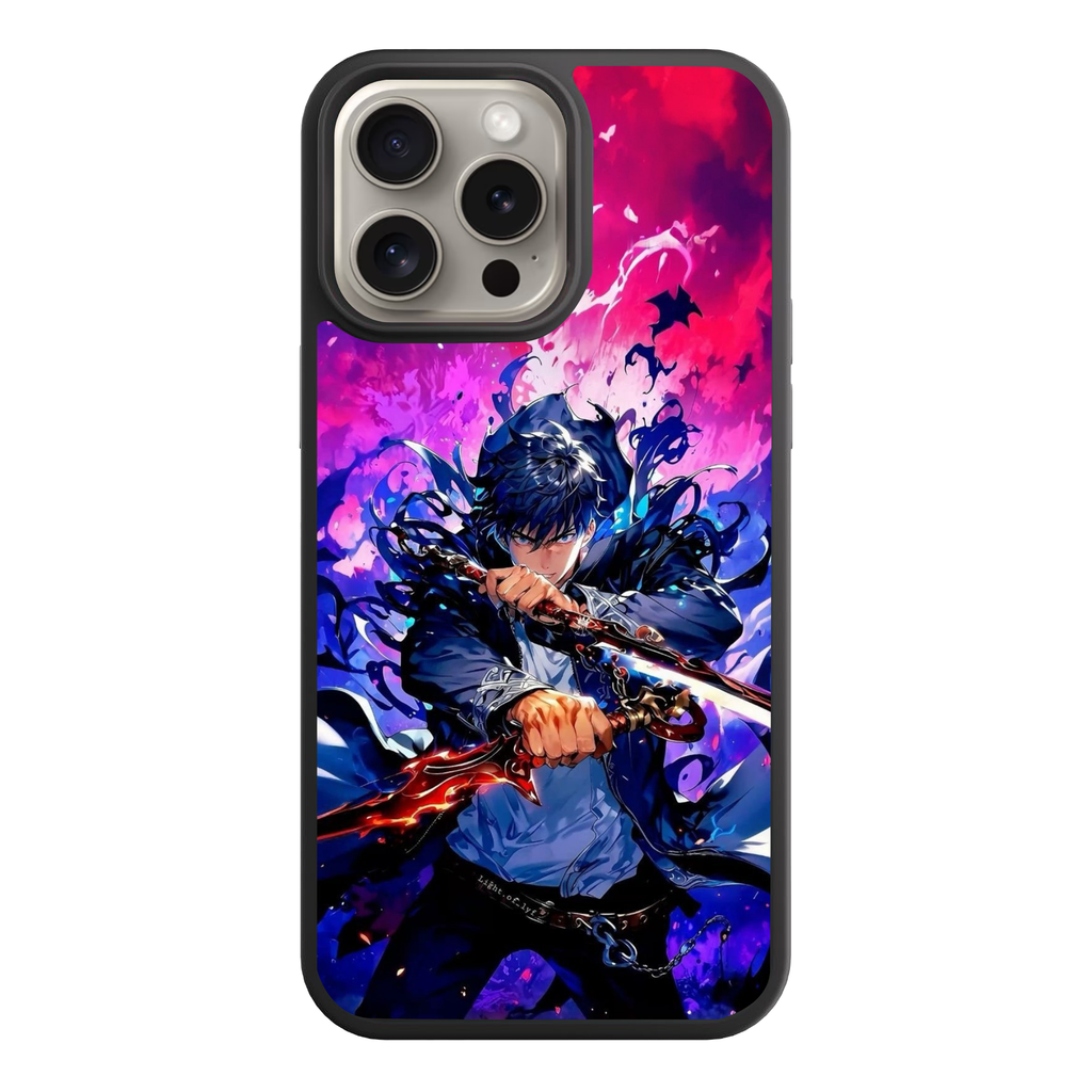 Solo Leveling Sung Jin woo Phone Case For iPhone Samsung Galaxy Pixel - Sung Jin woo Holding Red and Blue Daggers On Pink and Purple Background