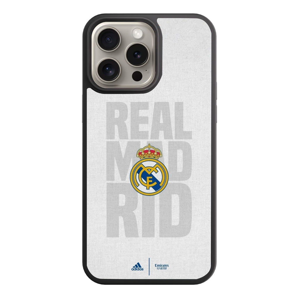 Real Madrid CF Phone Case For iPhone Samsung Galaxy Pixel - Real Madrid CF Crest On Light Gray Textured Fabric Background With Large Faded Typographic Text