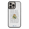 Real Madrid CF Phone Case For iPhone Samsung Galaxy Pixel - Real Madrid CF Crest On Light Gray Textured Fabric Background With Large Faded Typographic Text
