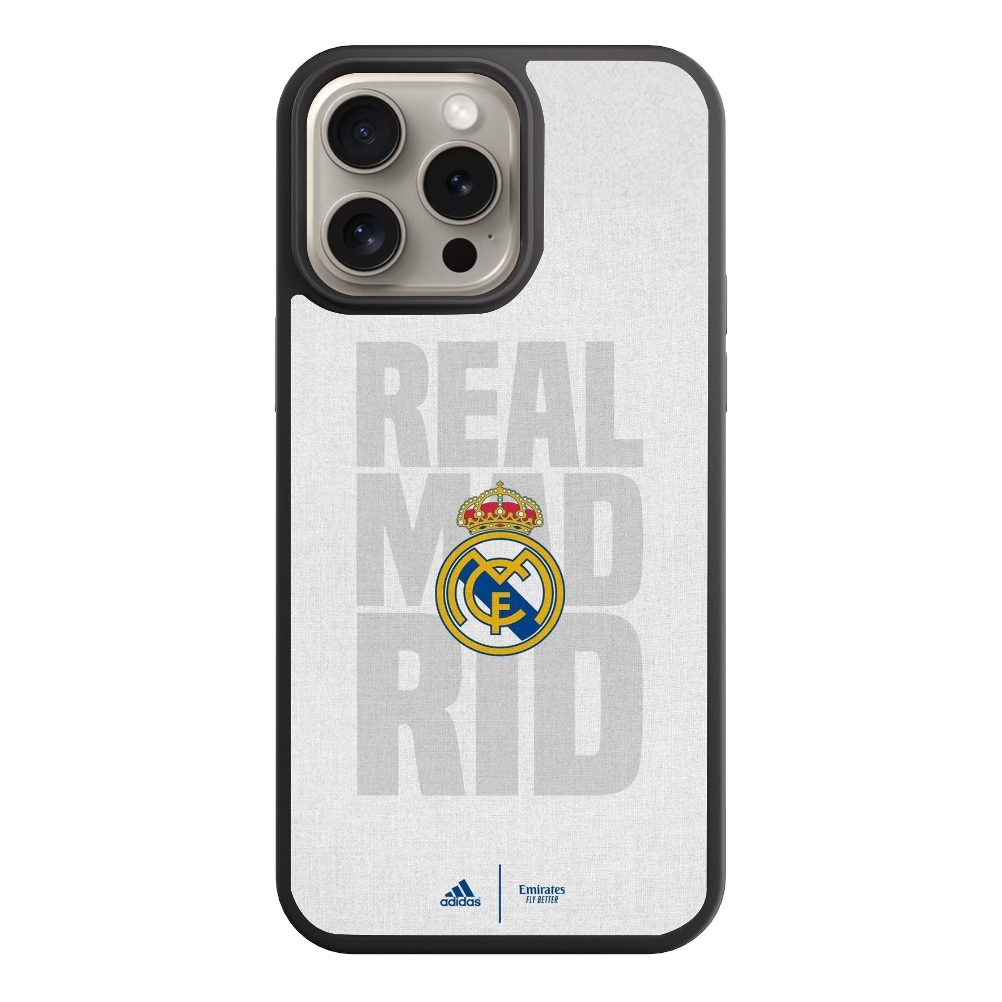 Real Madrid CF Phone Case For iPhone Samsung Galaxy Pixel - Real Madrid CF Crest On Light Gray Textured Fabric Background With Large Faded Typographic Text