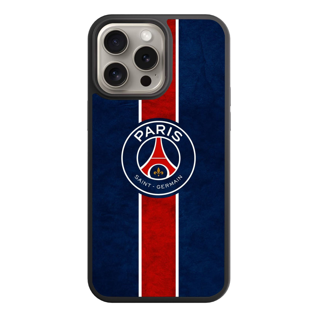 Paris Saint Germain FC Phone Case For iPhone Samsung Galaxy Pixel - Paris Saint Germain FC Crest On Textured Blue Background With Vertical Red Stripe