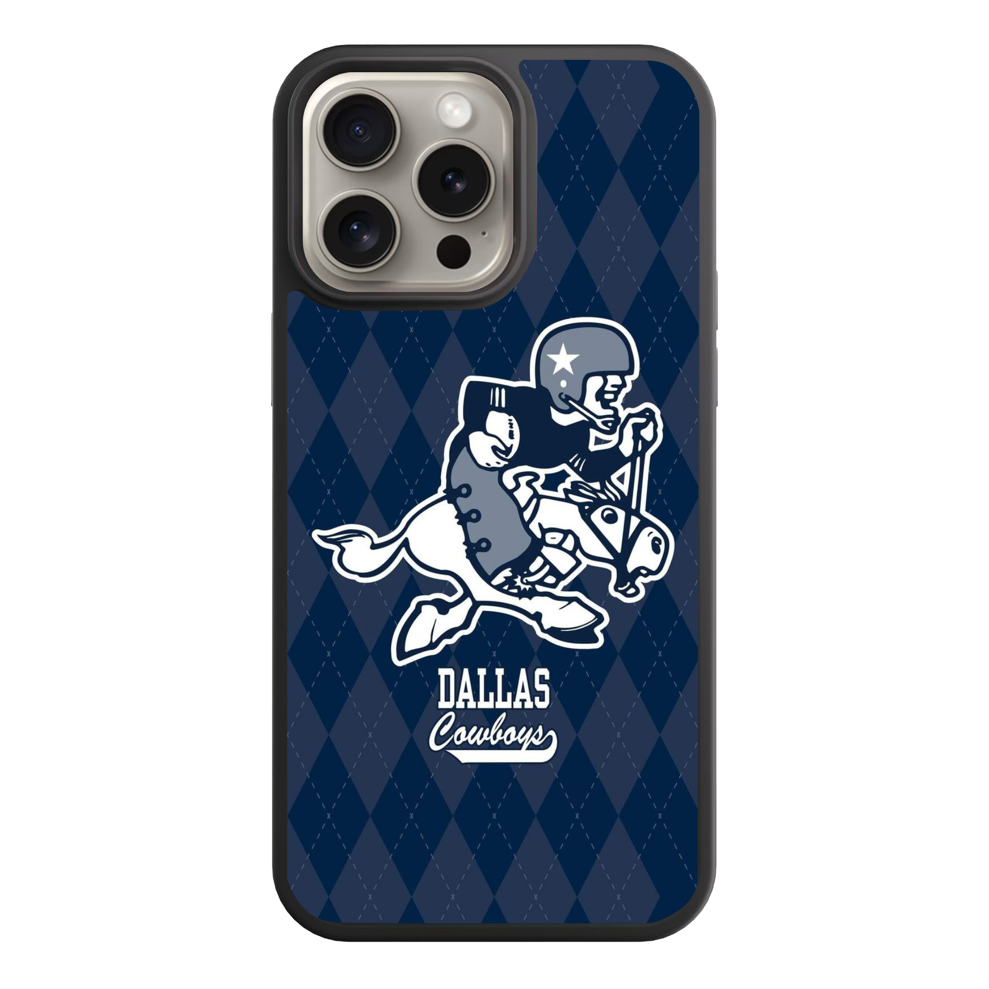 NFL Dallas Cowboys Phone Case For iPhone Samsung Galaxy Pixel - Dallas Cowboys Retro Mascot And Wordmark On Navy Argyle Background