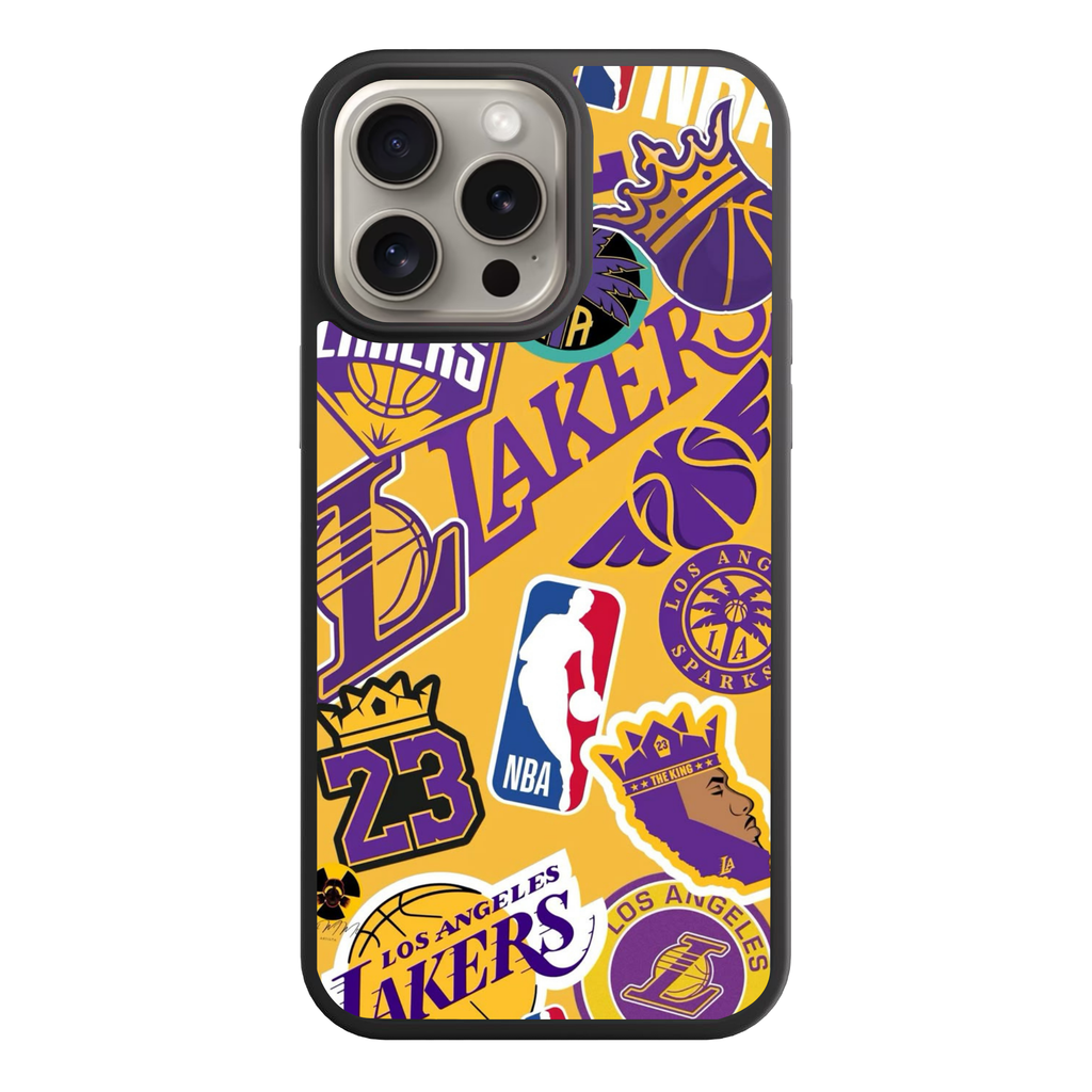 NBA Los Angeles Lakers Phone Case For iPhone Samsung Galaxy Pixel - Los Angeles Lakers Logo And Stickers Collage On Gold Background