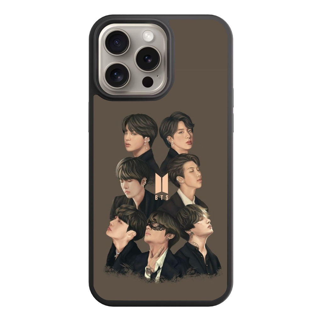 BTS Phone Case For iPhone Samsung Galaxy Pixel - BTS Members Fanart Collage With Logo On Dark Beige Background