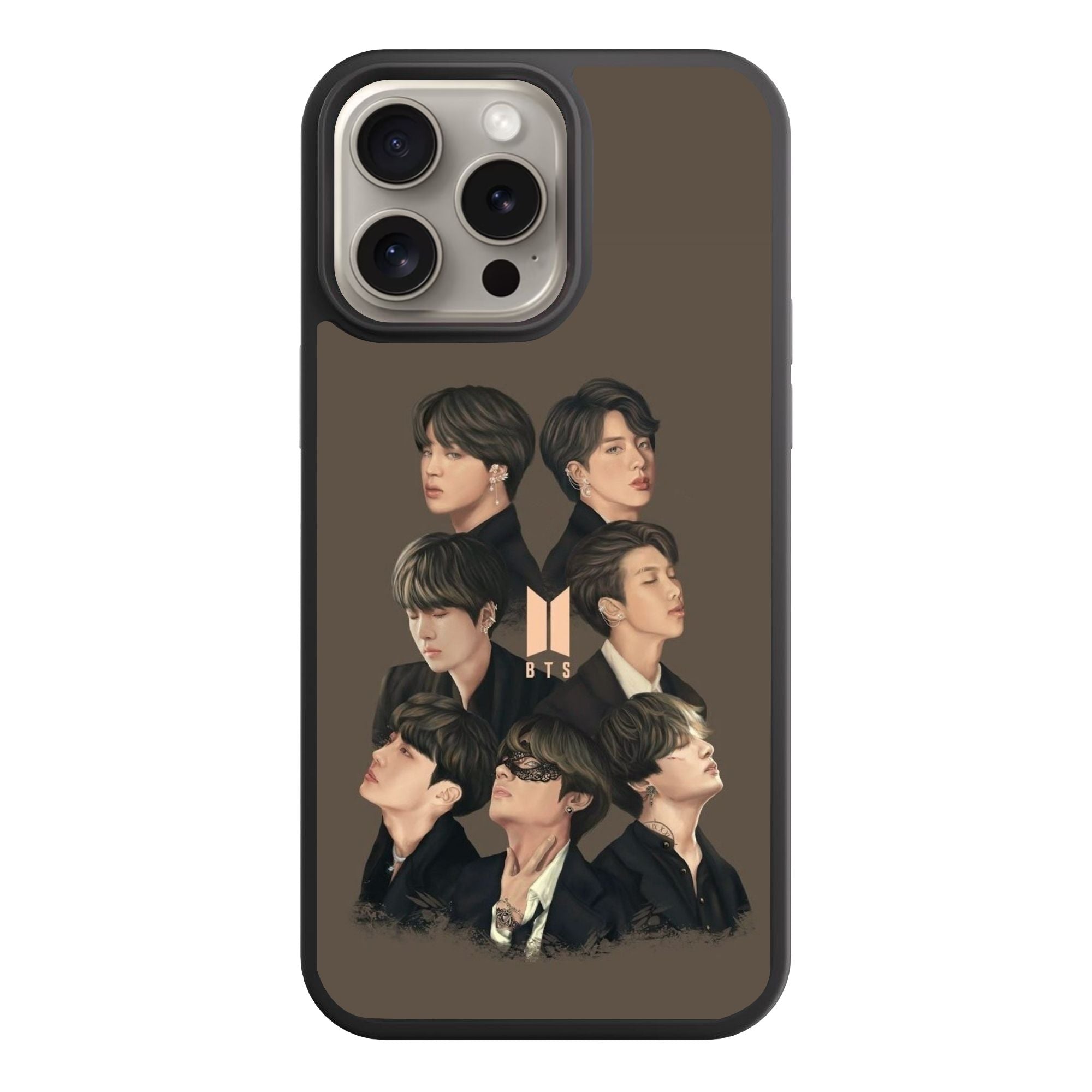 BTS Phone Case For iPhone Samsung Galaxy Pixel - BTS Members Fanart Collage With Logo On Dark Beige Background