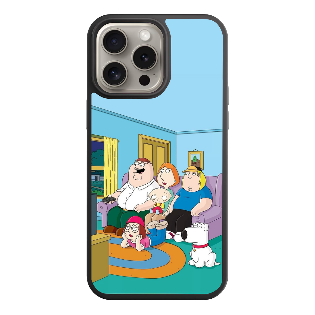 Family Guy Phone Case For iPhone Samsung Galaxy Pixel - Family Guy Characters On Purple Sofa In Living Room On Blue Background