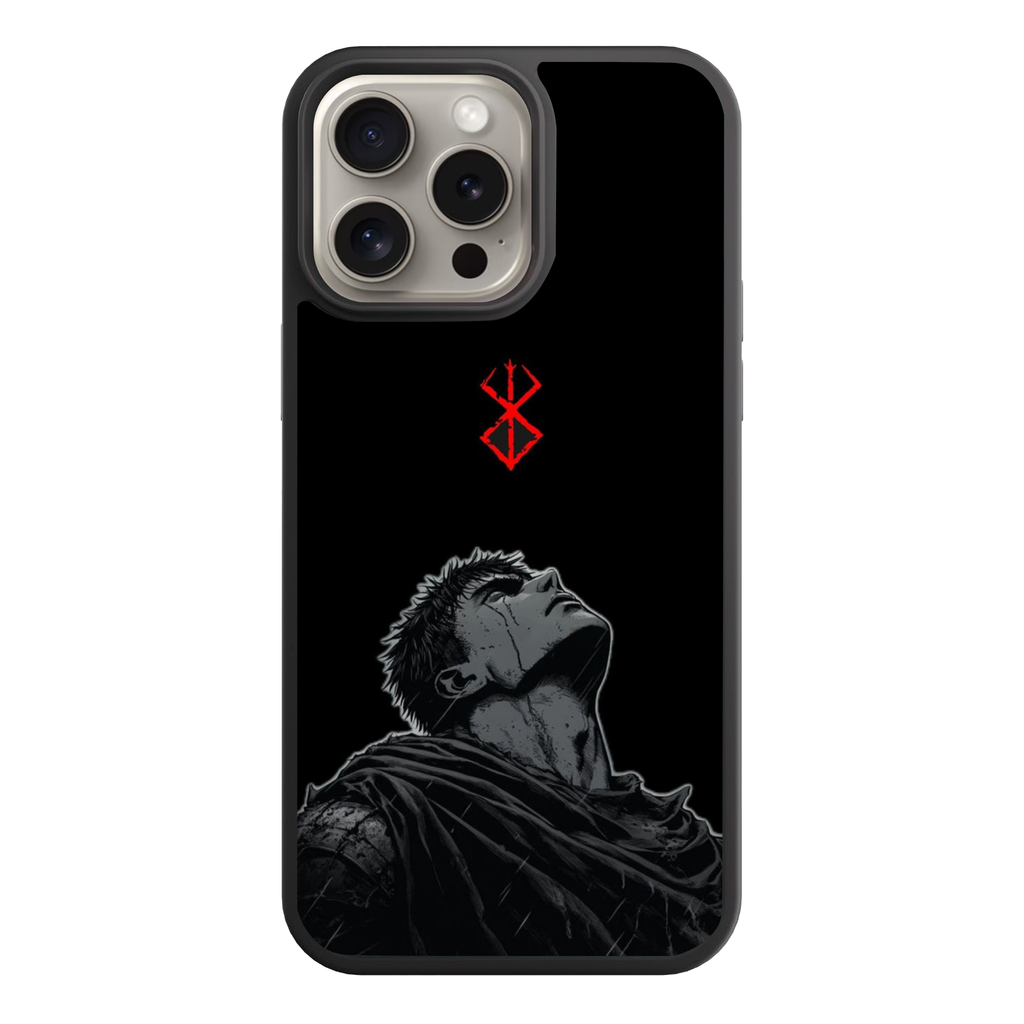 Berserk Guts Phone Case For iPhone Samsung Galaxy Pixel - Guts Looking Up At Red Brand Of Sacrifice Symbol On Black Background