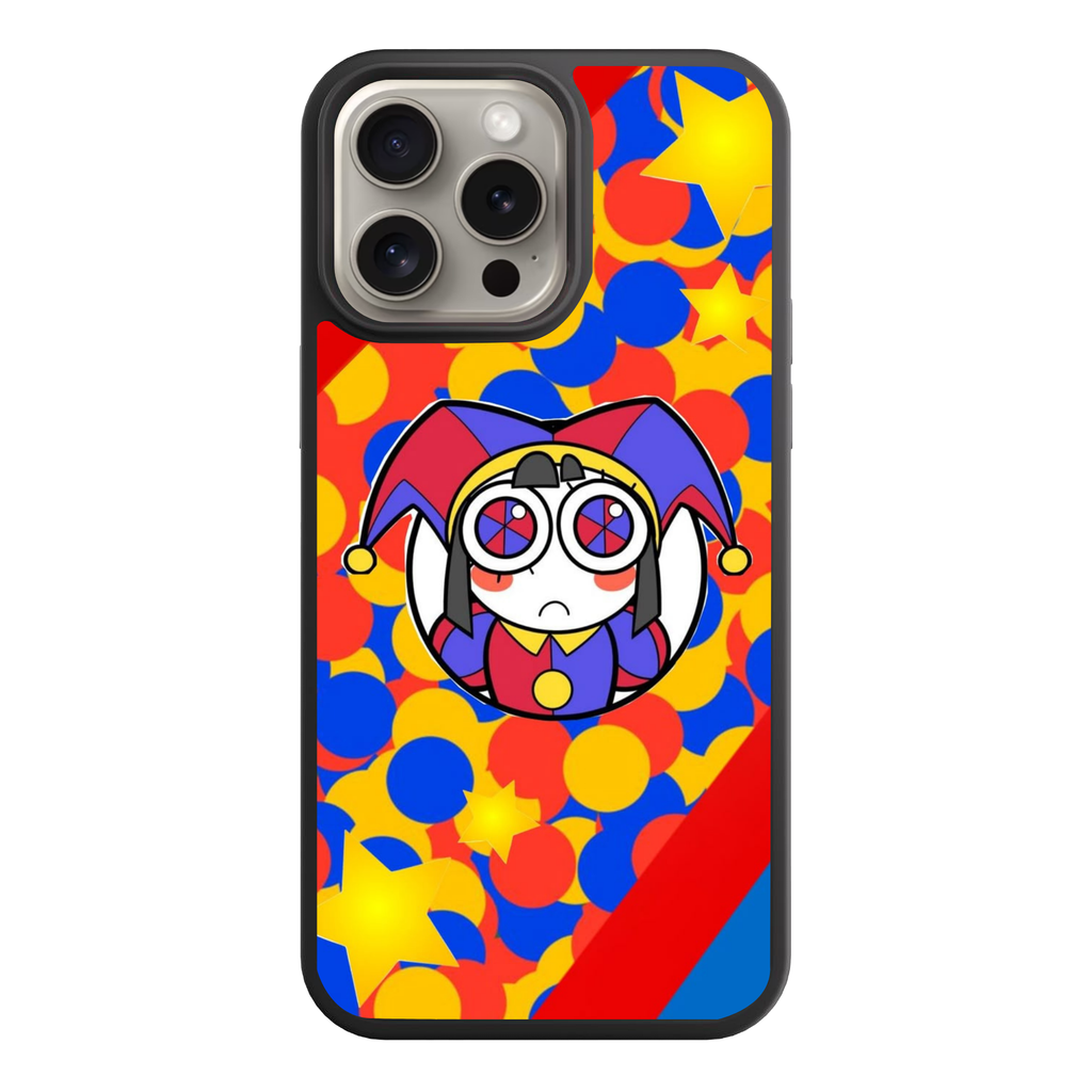 The Amazing Digital Circus Pomni Phone Case For iPhone Samsung Galaxy Pixel - Pomni On Red Blue And Yellow Circles Background