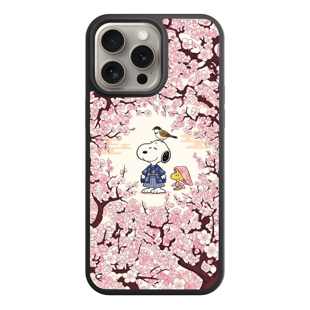 Peanuts Snoopy Phone Case For iPhone Samsung Galaxy Pixel - Peanuts Snoopy In A Blue Kimono And Woodstock Under Pink Cherry Blossoms Background