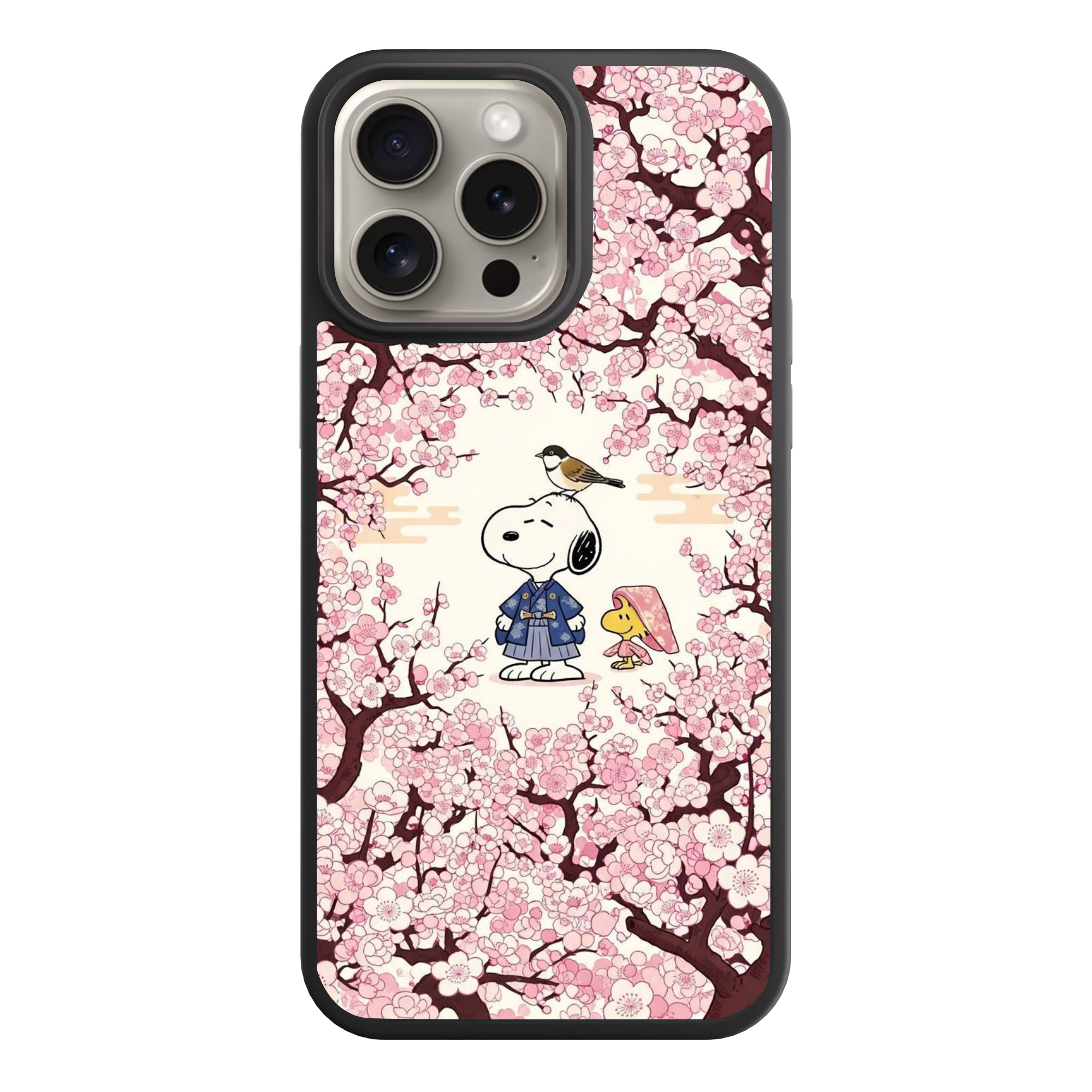 Peanuts Snoopy Phone Case For iPhone Samsung Galaxy Pixel - Peanuts Snoopy In A Blue Kimono And Woodstock Under Pink Cherry Blossoms Background