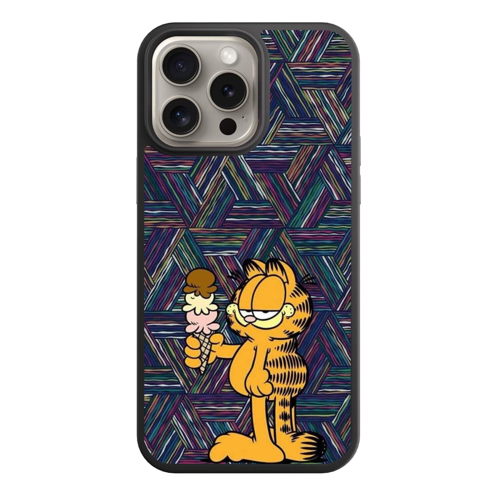 Garfield Phone Case For iPhone Samsung Galaxy Pixel - Garfield Holding An Ice Cream Cone In Geometric Patterned Background