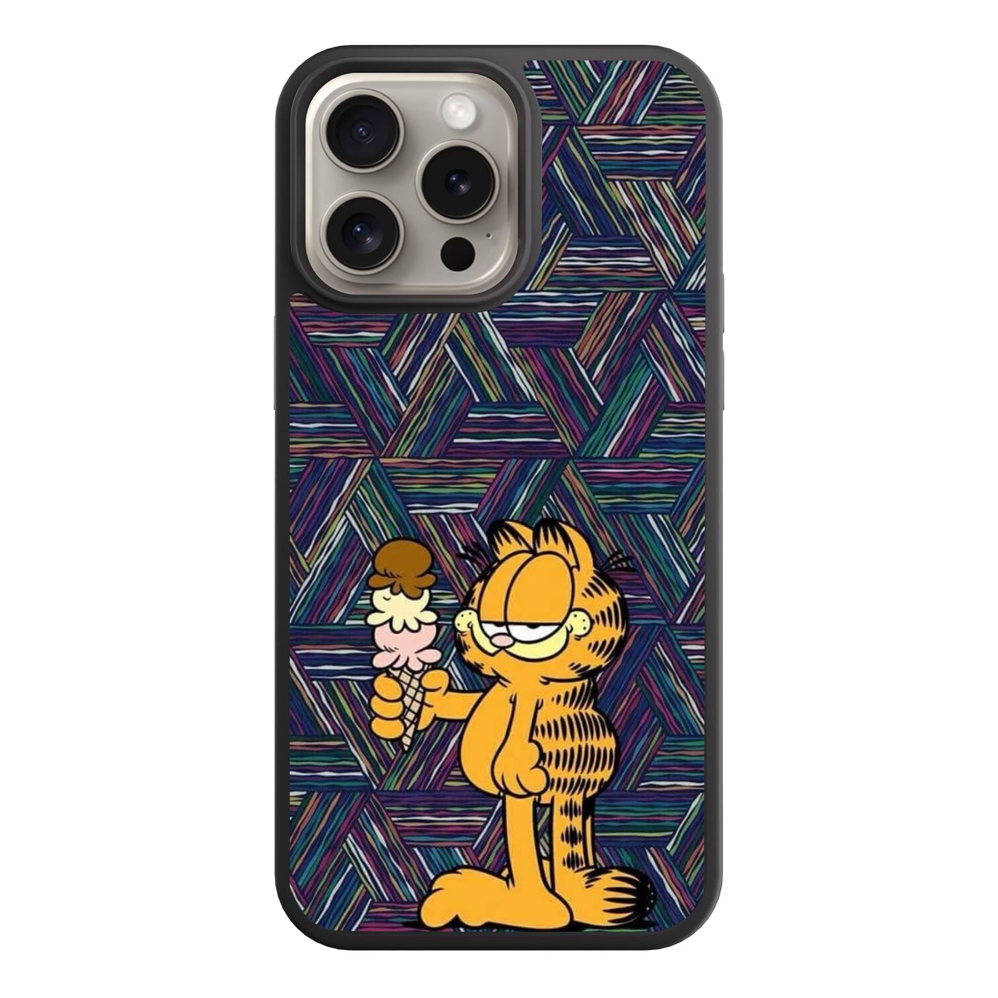 Garfield Phone Case For iPhone Samsung Galaxy Pixel - Garfield Holding An Ice Cream Cone In Geometric Patterned Background