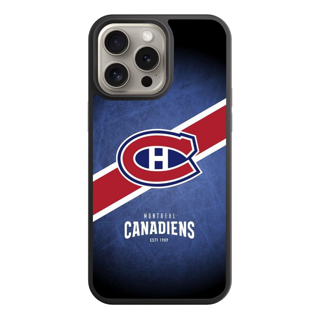 NHL Montreal Canadiens Phone Case For iPhone Samsung Galaxy Pixel - Montreal Canadiens Logo And Diagonal Stripes On Textured Blue Background