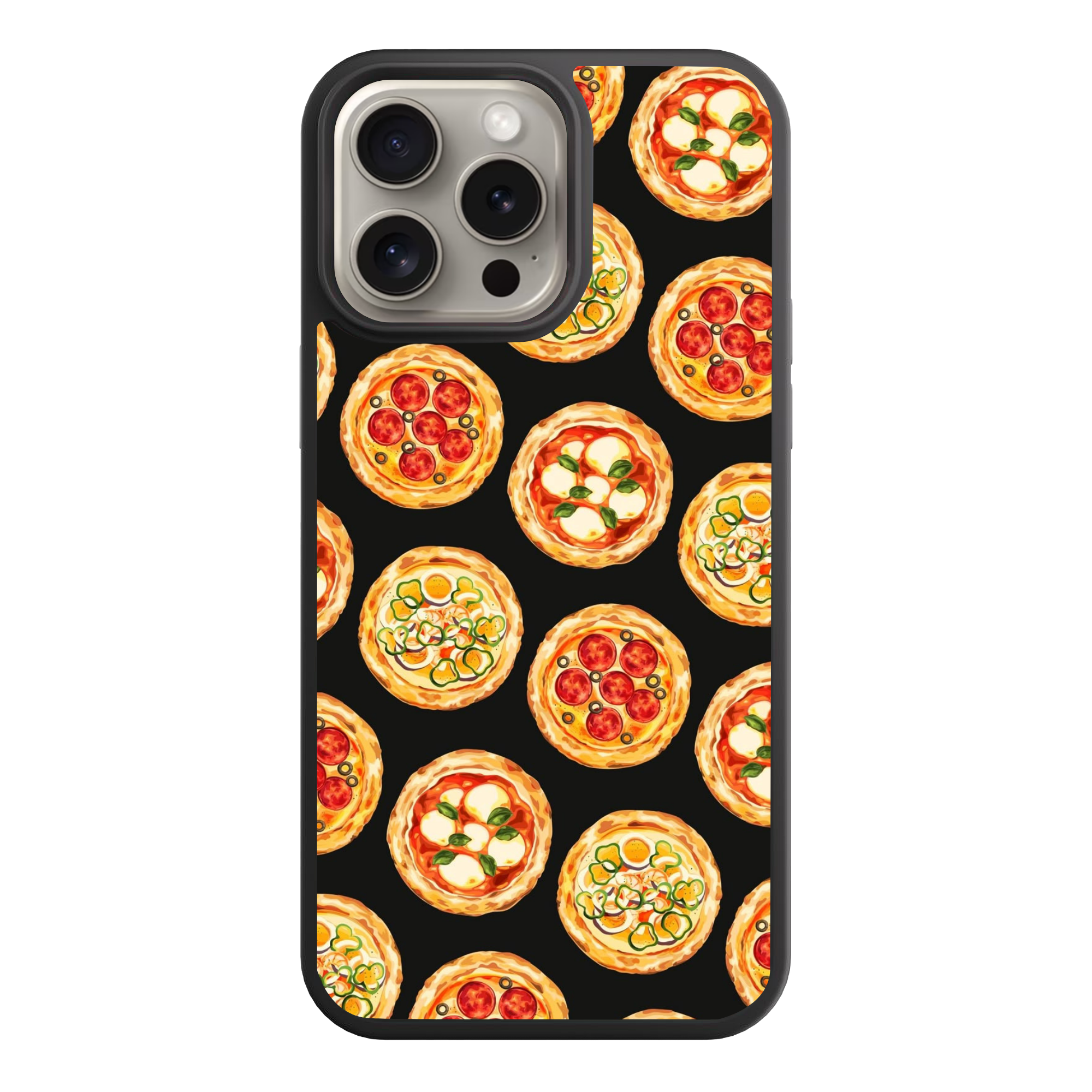 Pizza Pattern Phone Case For iPhone Samsung Galaxy Pixel - Gourmet Illustrated Pizza Mix Pattern In Black Background