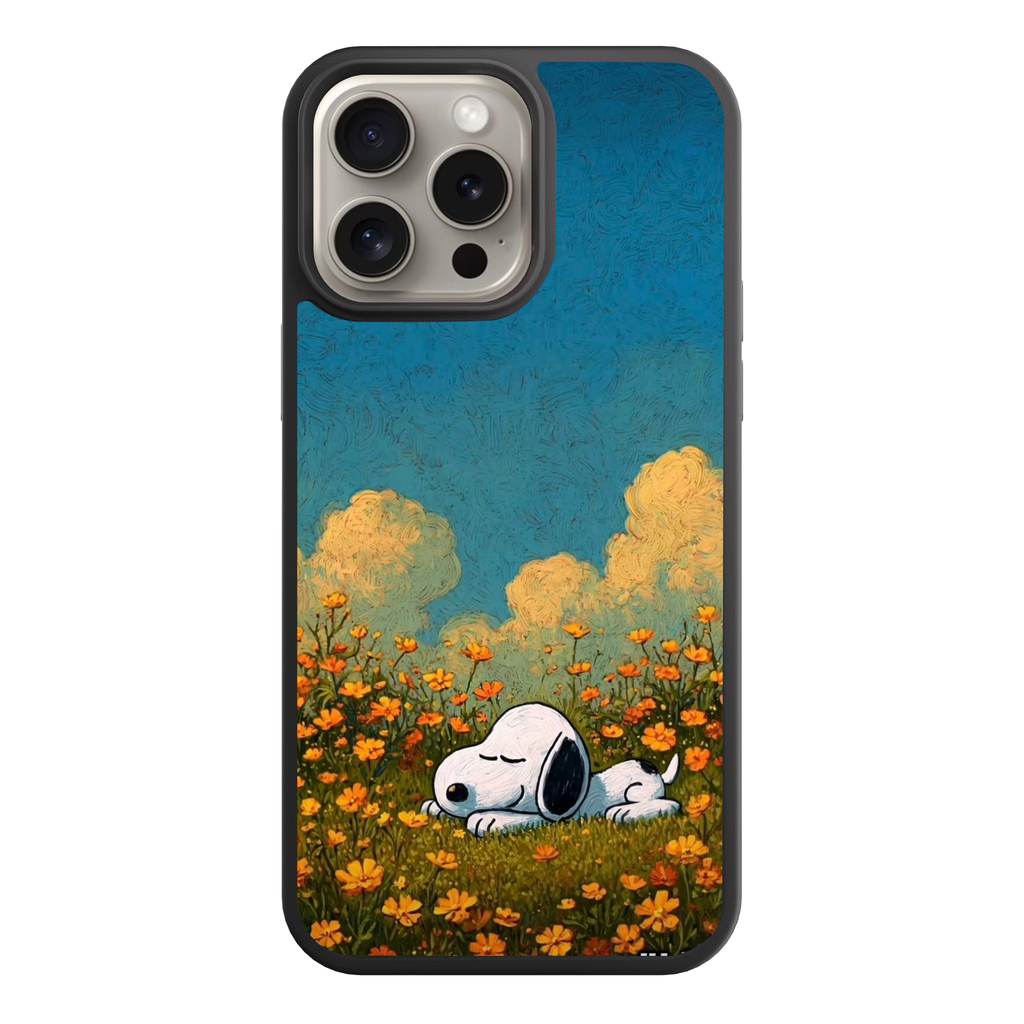 Peanuts Snoopy Phone Case For iPhone Samsung Galaxy Pixel - Peanuts Snoopy Sleeping In Orange Flower Field Under Blue Sky Background