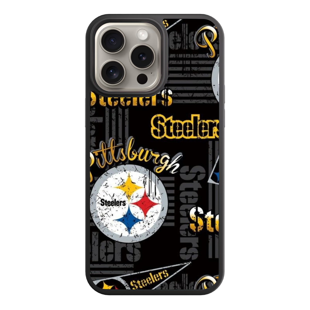 NFL Pittsburgh Steelers Phone Case For iPhone Samsung Galaxy Pixel - Pittsburgh Steelers Distressed Logo And Pennant Pattern On Black Background