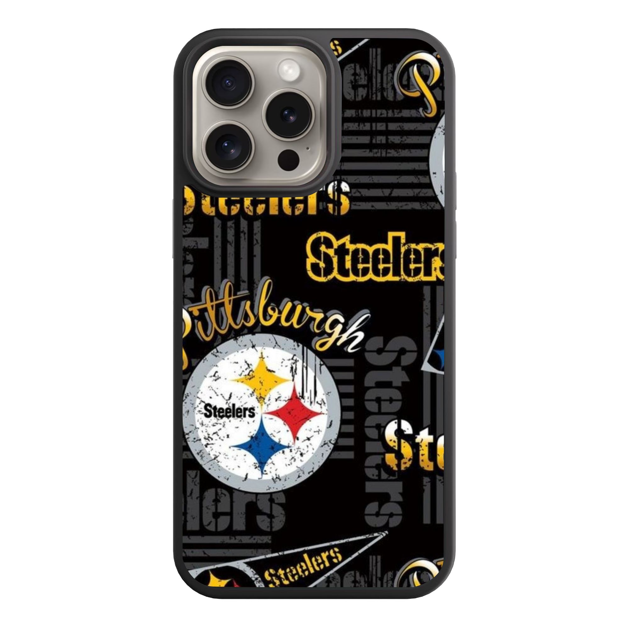 NFL Pittsburgh Steelers Phone Case For iPhone Samsung Galaxy Pixel - Pittsburgh Steelers Distressed Logo And Pennant Pattern On Black Background