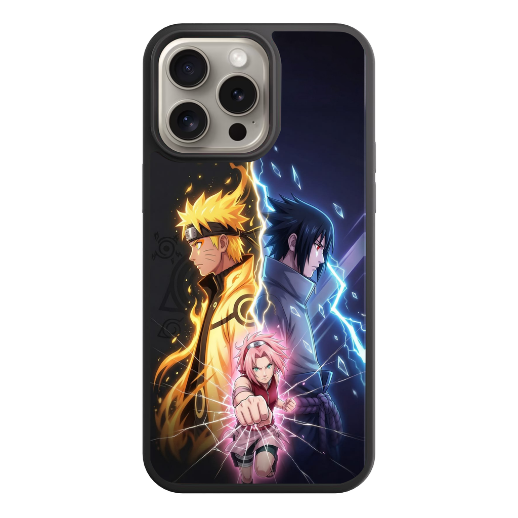 Naruto Phone Case For iPhone Samsung Galaxy Pixel - Naruto Uzumaki Sasuke Uchiha And Sakura Haruno Separated By Golden And Blue Lightning
