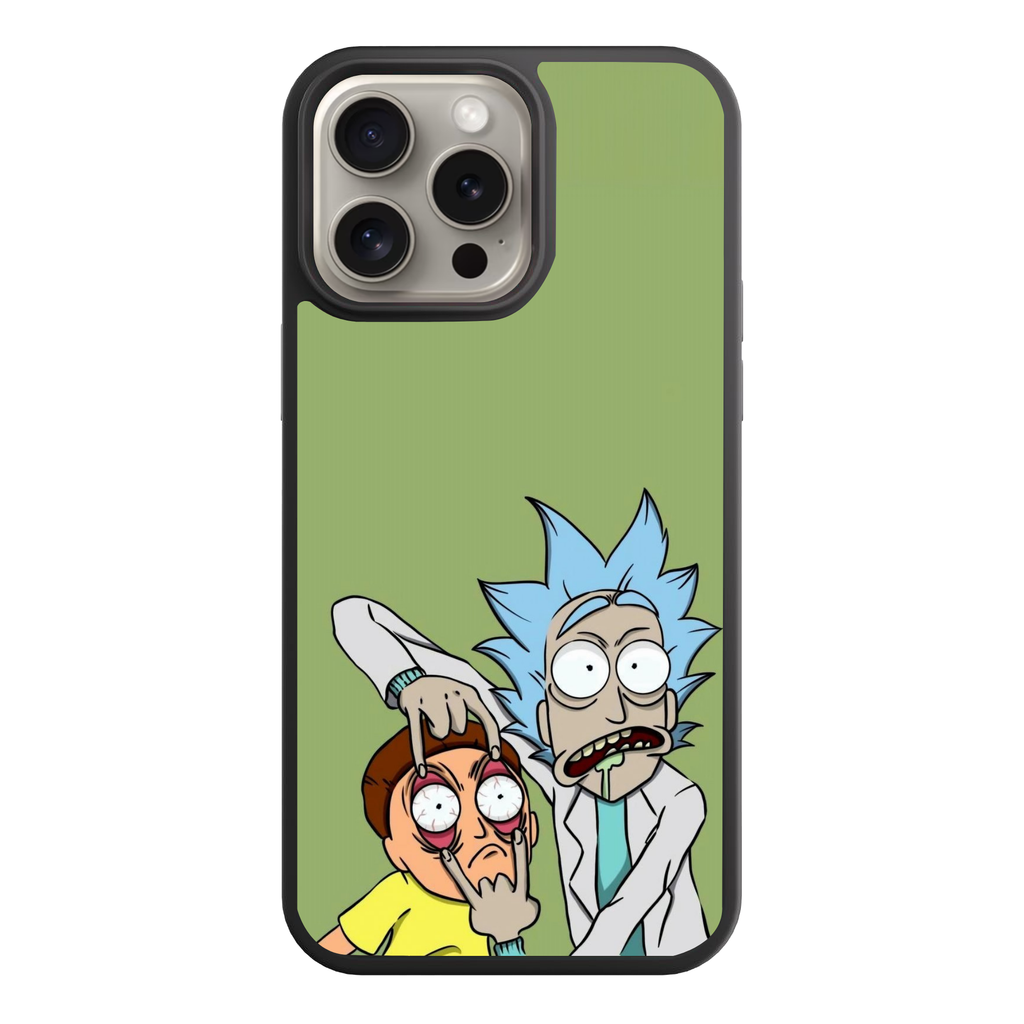 Rick And Morty Phone Case For iPhone Samsung Galaxy Pixel - Rick Sanchez Holding Morty Smith's Eyelids Open On Green Background