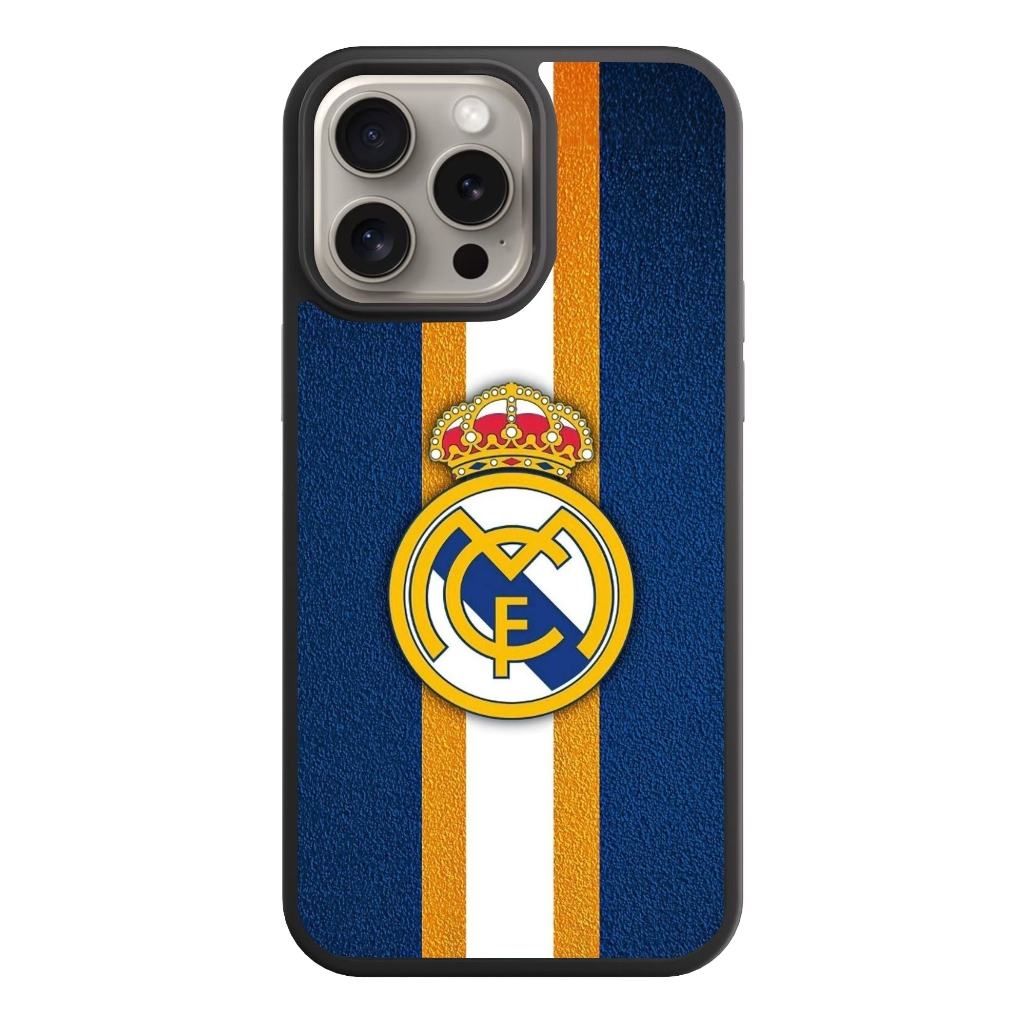Real Madrid CF Phone Case For iPhone Samsung Galaxy Pixel - Real Madrid CF Logo On Textured Navy Background With Vertical White And Gold Stripes