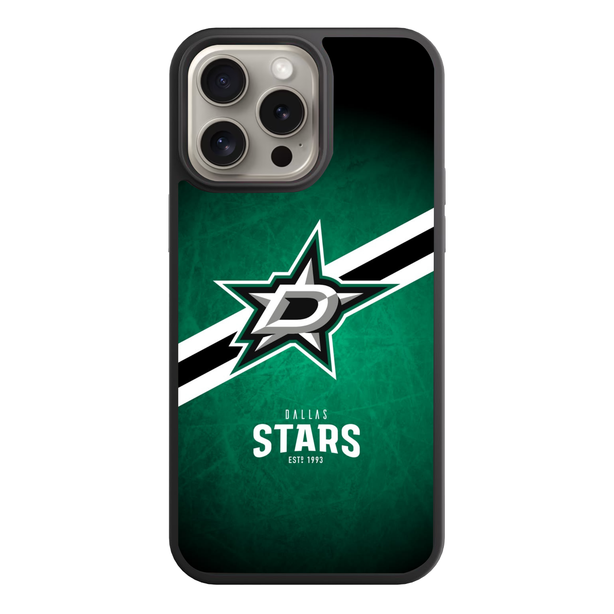 NHL Dallas Stars Phone Case For iPhone Samsung Galaxy Pixel - Dallas Stars Logo And Diagonal Stripe On Green Distressed Background
