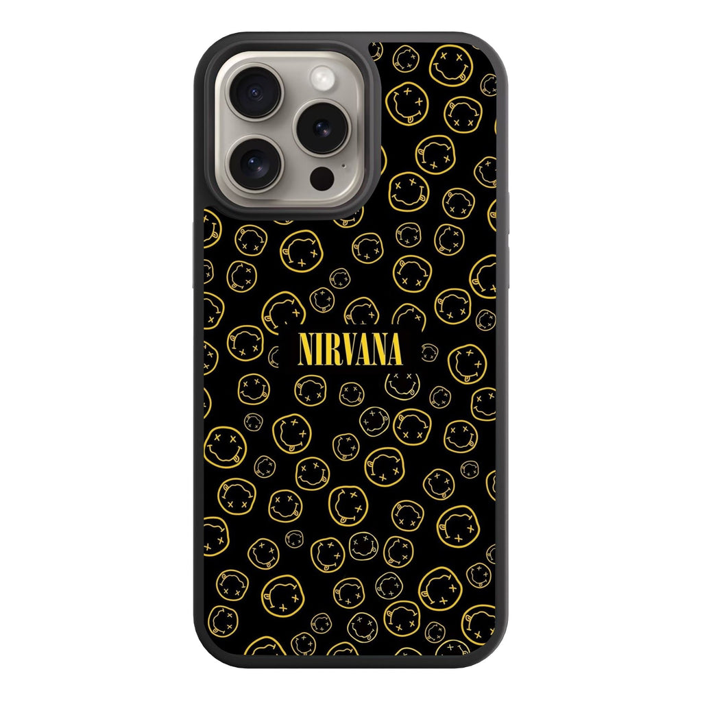 Nirvana Phone Case For iPhone Samsung Galaxy Pixel - Nirvana Smiley Face Repeated Logo Pattern In Black Background