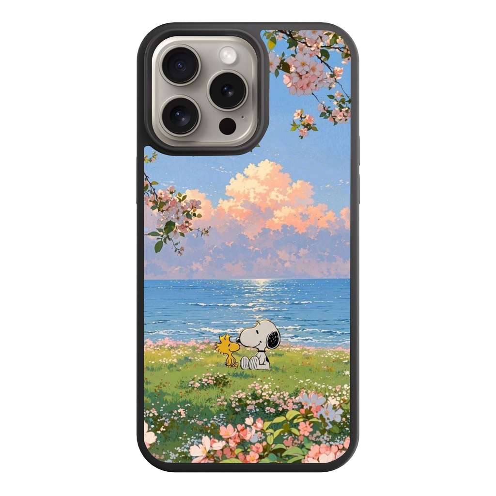 Peanuts Snoopy Phone Case For iPhone Samsung Galaxy Pixel - Peanuts Snoopy And Woodstock Sitting In Flower Field Under Cherry Blossoms With Blue Ocean And Sunset Cloud Background