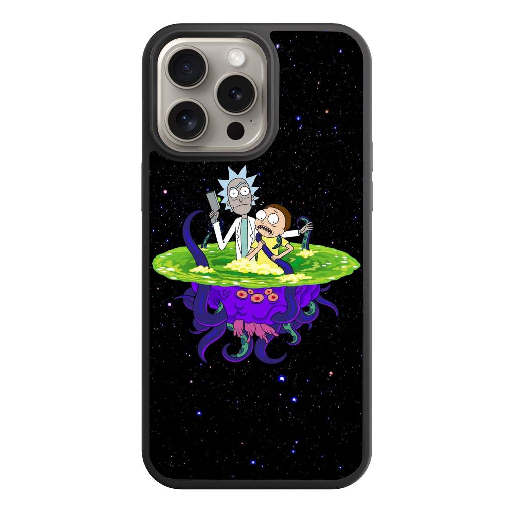 Rick And Morty Phone Case For iPhone Samsung Galaxy Pixel - Rick And Morty Emerging From A Green Portal On Top Of A Purple Monster On Starry Space Background