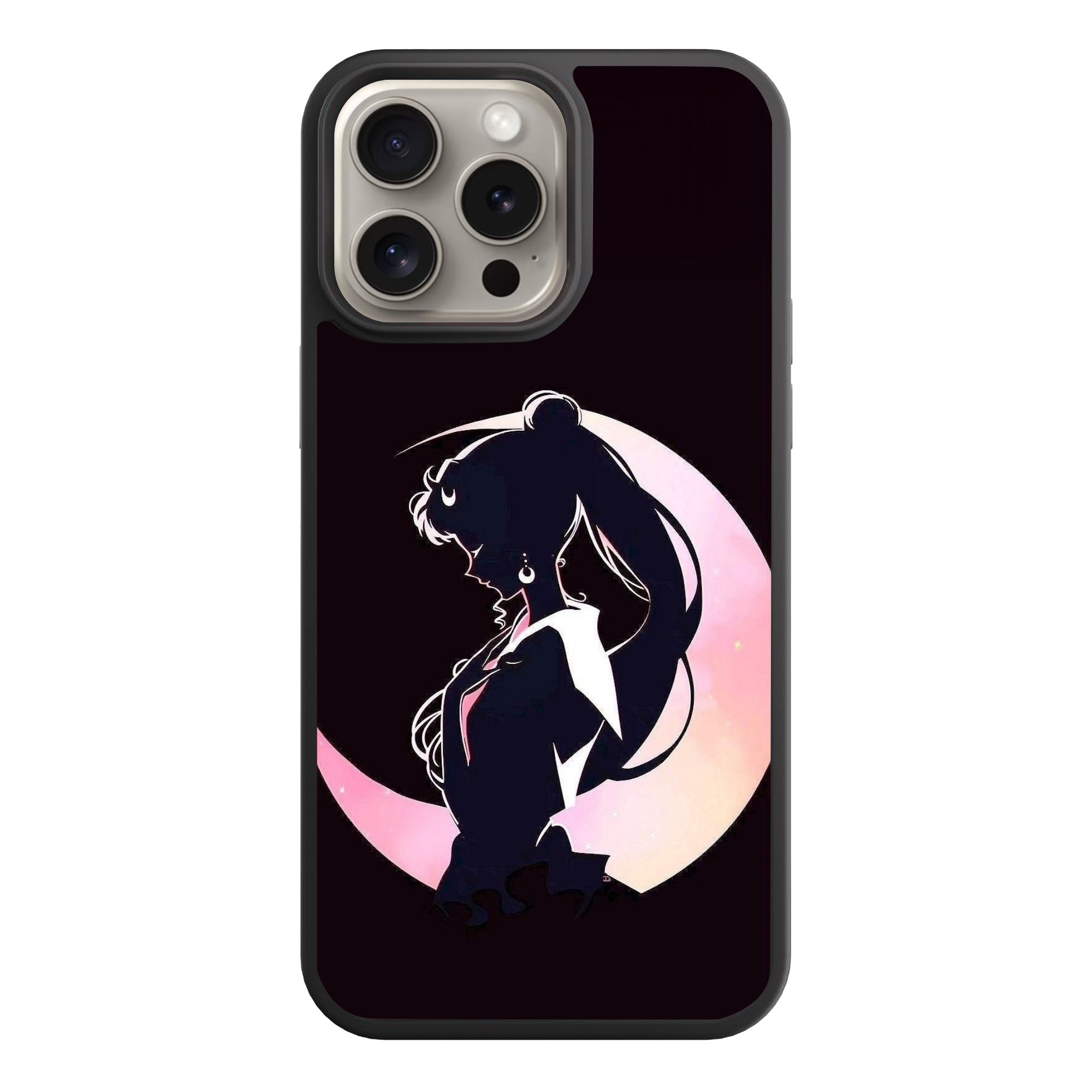 Sailor Moon Phone Case For iPhone Samsung Galaxy Pixel - Sailor Moon Side Profile Silhouette In Front Of Crescent Moon On Black Background