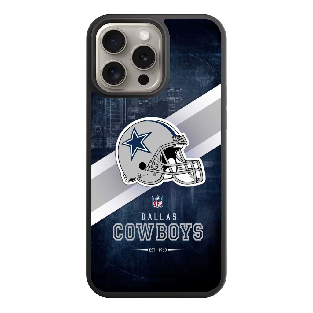 NFL Dallas Cowboys Phone Case For iPhone Samsung Galaxy Pixel - Dallas Cowboys Helmet And Diagonal Stripe On Cityscape Background