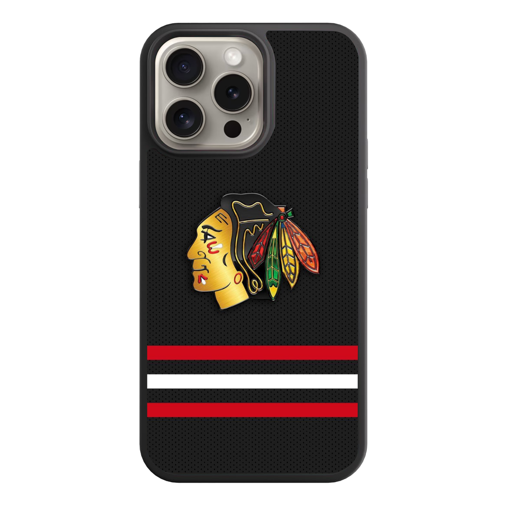 NHL Chicago Blackhawks Phone Case For iPhone Samsung Galaxy Pixel - Chicago Blackhawks Logo And Horizontal Stripes On Black Mesh Texture Background